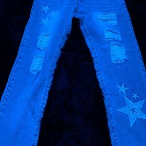 Men's Blue Distressed Jeans with Star Accents